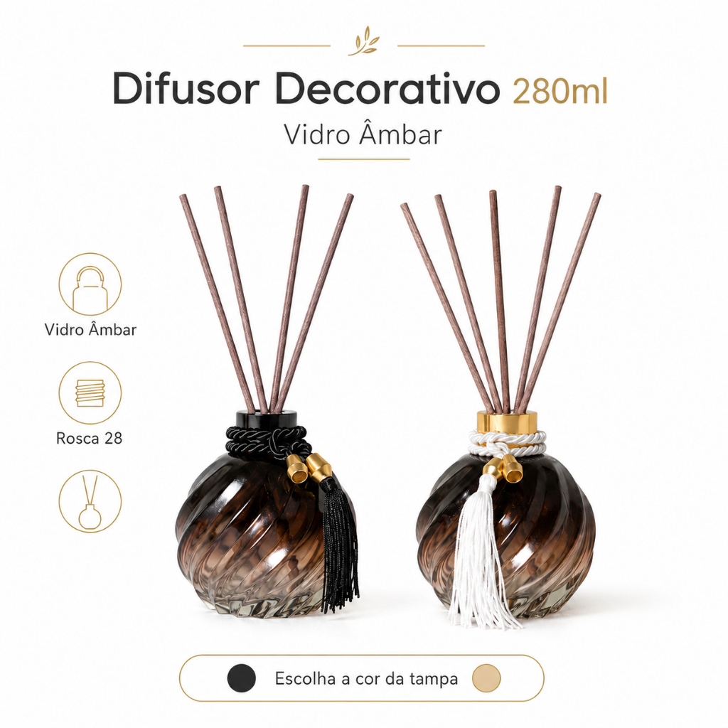 Frasco Difusor De Ambiente 280ml Vidro Âmbar Decorativo Com Varetas Para Lavabo Sala Banheiro