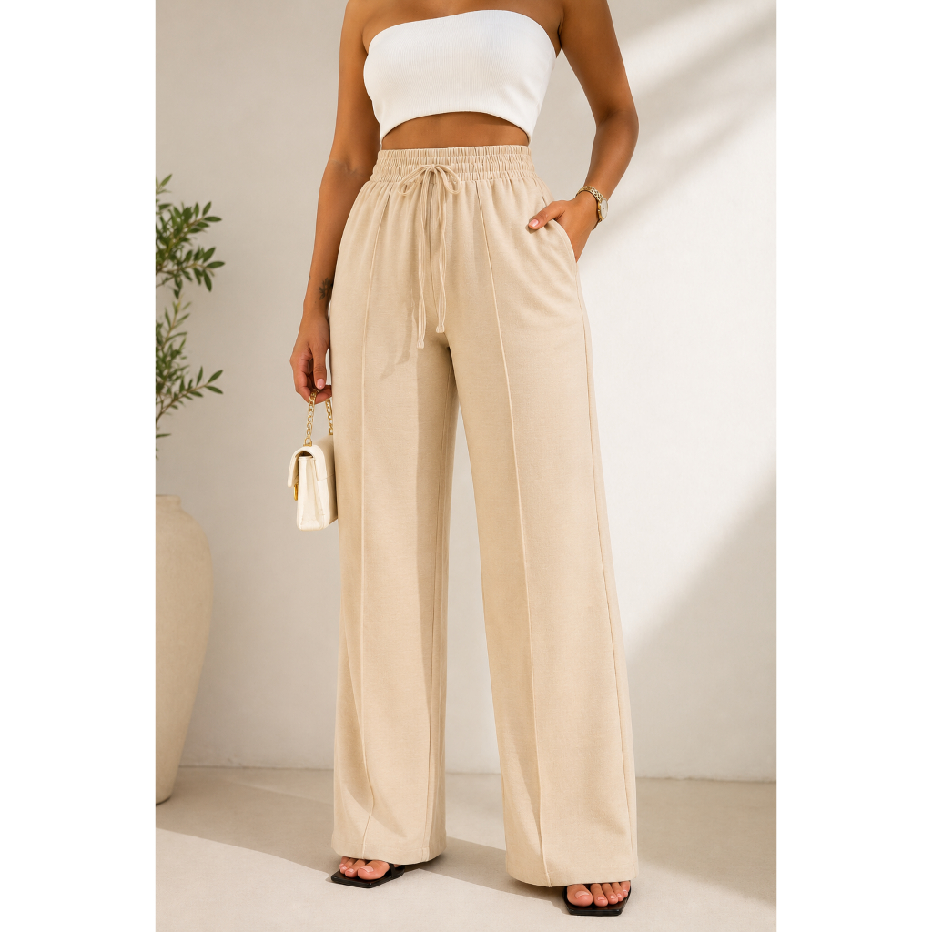 Calça Feminina Alfaiataria Duna Cintura Alta Com Bolso Feminina Casual Social