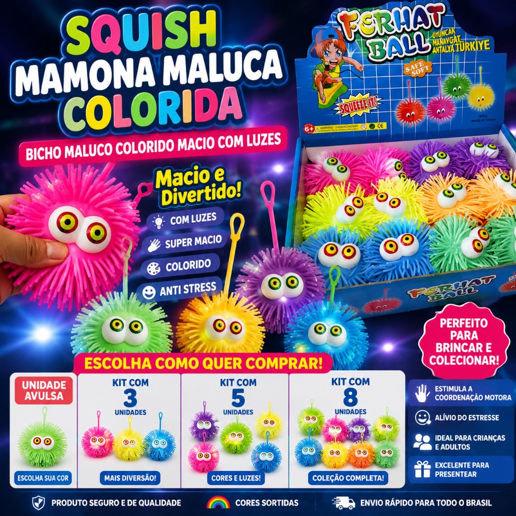 Squish Mamona Maluca Colorida Com Luzes Anti Stress Bicho Macio Sensorial Unidade Kit 3 5 8 unidades