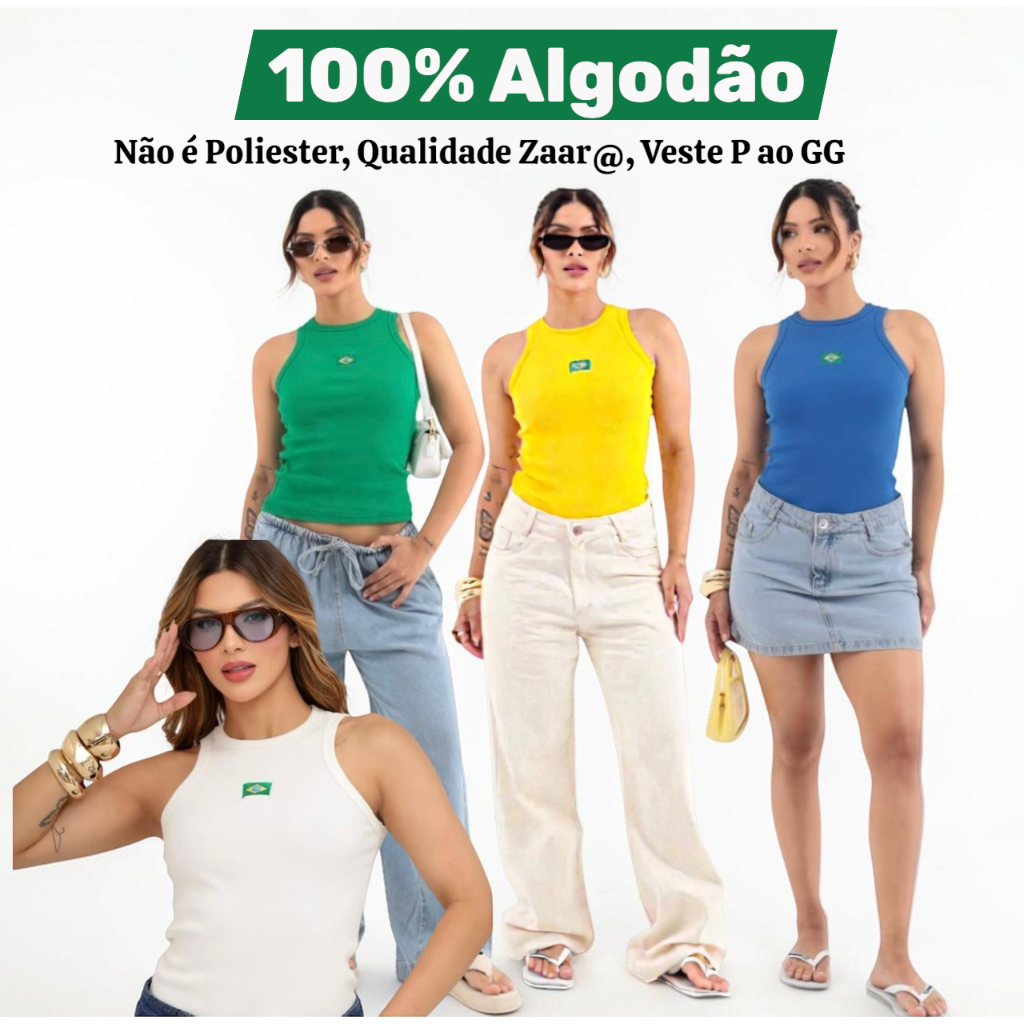 Regata Brasil Feminina Com Bandeira Bordada P M G GG 100% Algodão Ribana Estilo Gringa Para Copa
