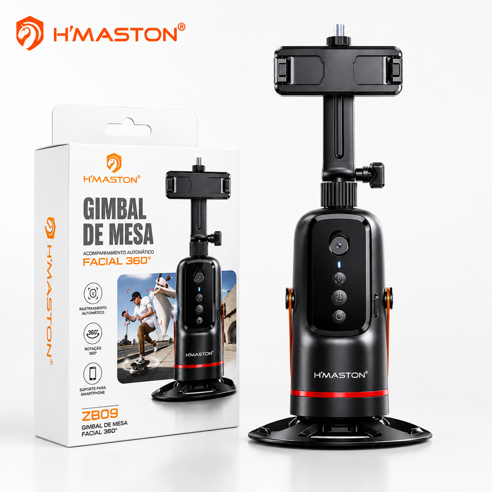 Gimbal de Mesa H'maston ZB09 Estabilizador com Sensor de Movimento Rastreio Facial 360 Graus Rotativo p/ Celular Smartph