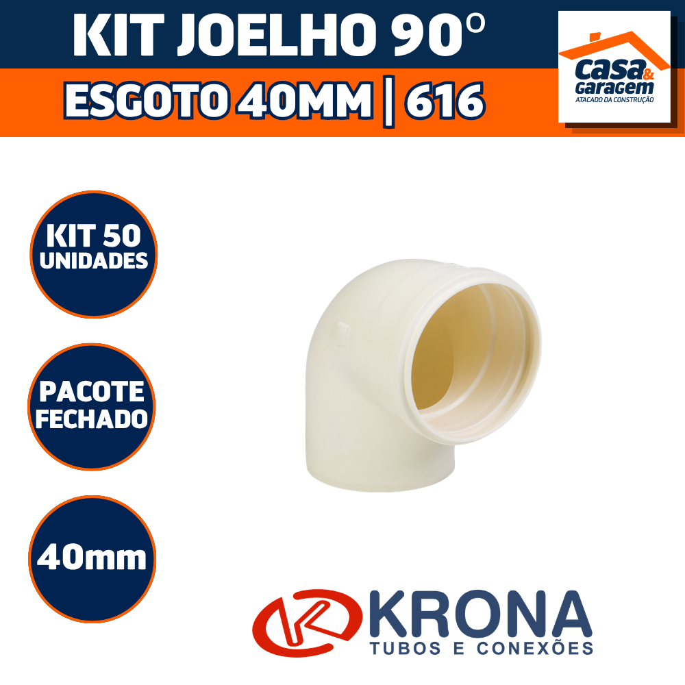 Kit Com 50 Joelho 90° Esgoto 40mm 616 Krona Conexão Hidráulica PVC