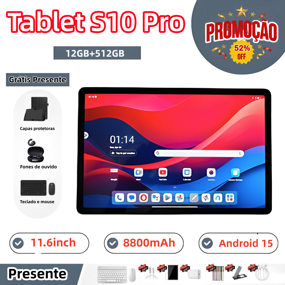 【Teclado e mouse gratuitos】Tablet S10 Pro de 11,6 polegadas, 12 GB + 512 GB, bateria de 8.800 mAh, 5G, Android, Wi-Fi
