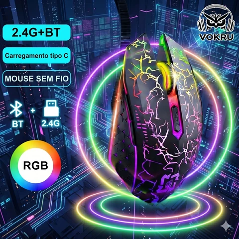 Bluetooth Mouse Sem Fio Luz De Fundo LED I RGB 2.4G Jogo De Modo Duplo 7 Cores I Para Jogos Ergonomia-6 Botões