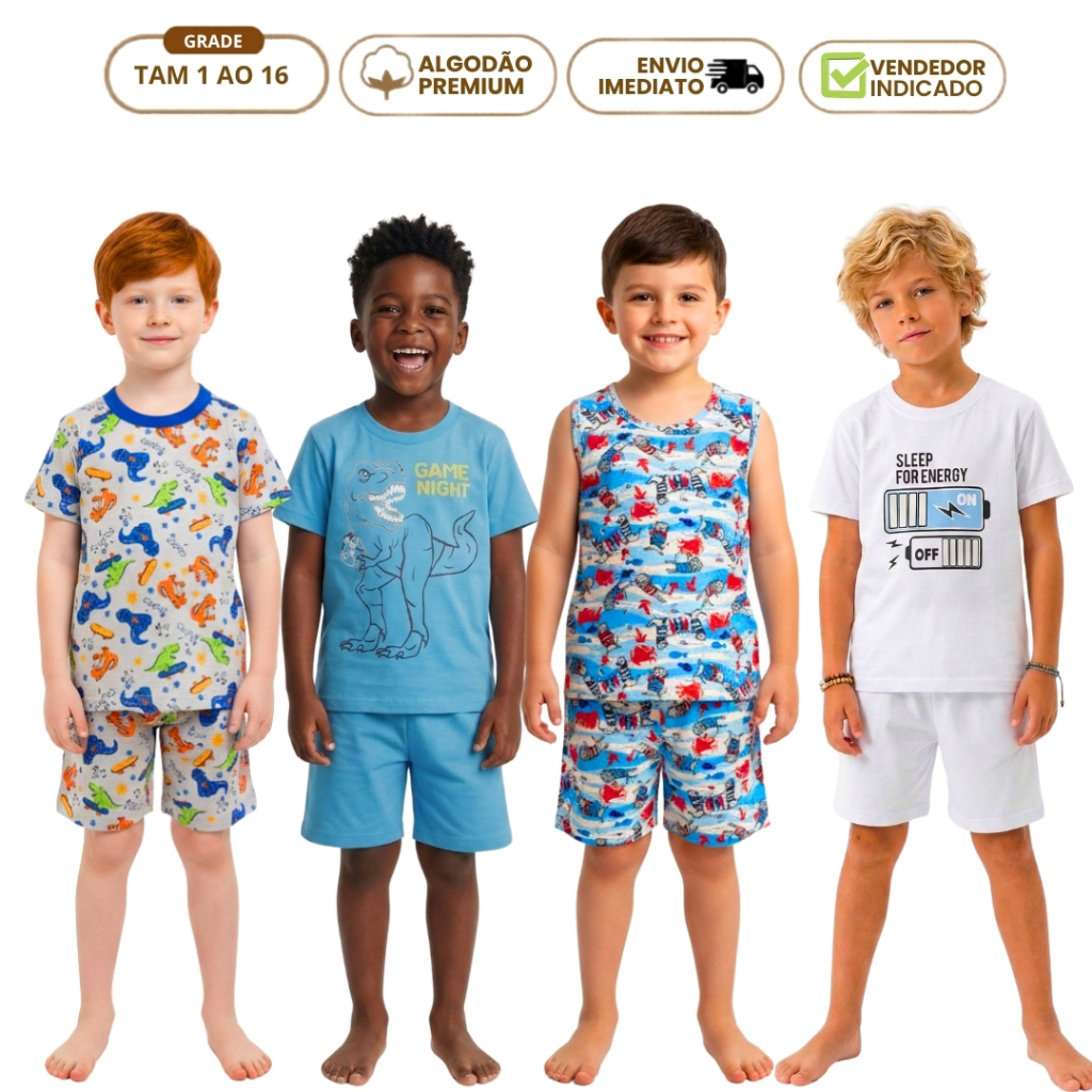 Kit 4 Peças Pijama Infantil Menino Masculino Verão 2 Camiseta Manga Curta e 2 Short Cotton 1 ao 16