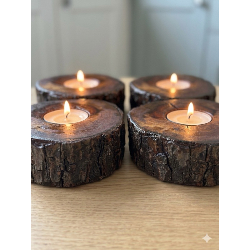 kit 4 Bolacha Madeira Porta Velas Rechaud Rústico Premium envernizada