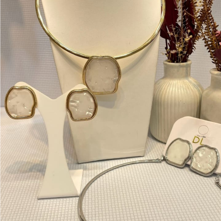 Kit Colar Choker + Brinco Feminino Madrepérola Dourado ou Prata | Conjunto Elegante Luxo Festa