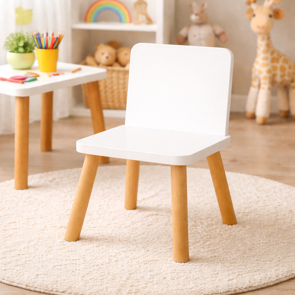 Cadeira Infantil de Madeira Branca Montessori Educativa para Estudo Leitura Mesa Infantil Quarto