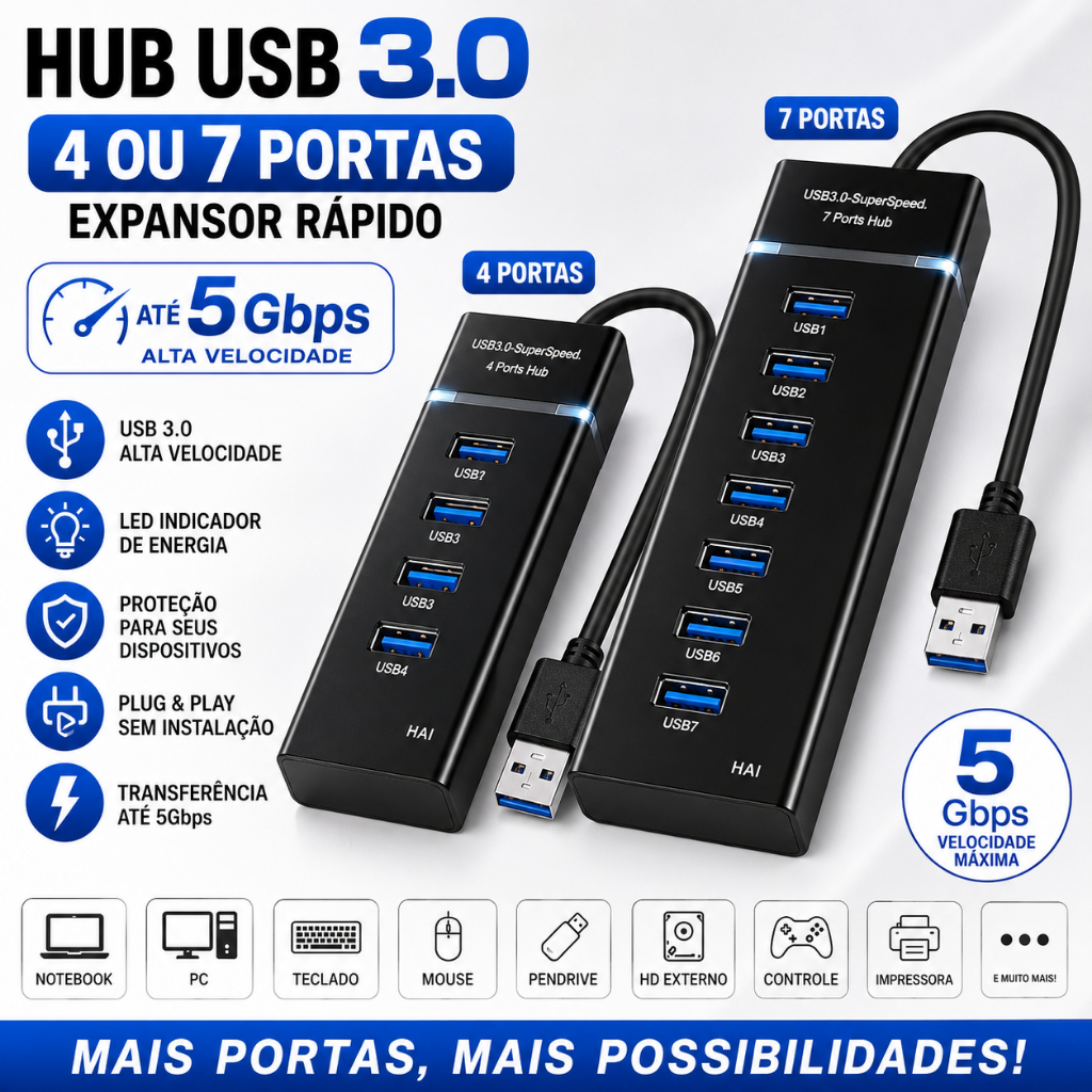 Hub USB 2.0/3.0 4 ou 7 Portas Adaptador Expansor Alta Velocidade Com LED Para Notebook PC