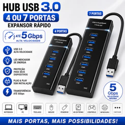 Hub USB 2.0/3.0 4 ou 7 Portas Adaptador Expansor Alta Velocidade Com LED Para Notebook PC