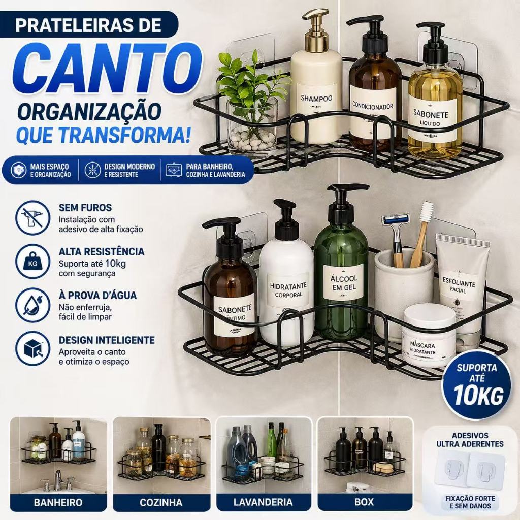 Prateleiras para Banheiro com Suporte e Alto Adesivos – Organizador de Shampoo, Sabonete, Cozinha e Lavanderia