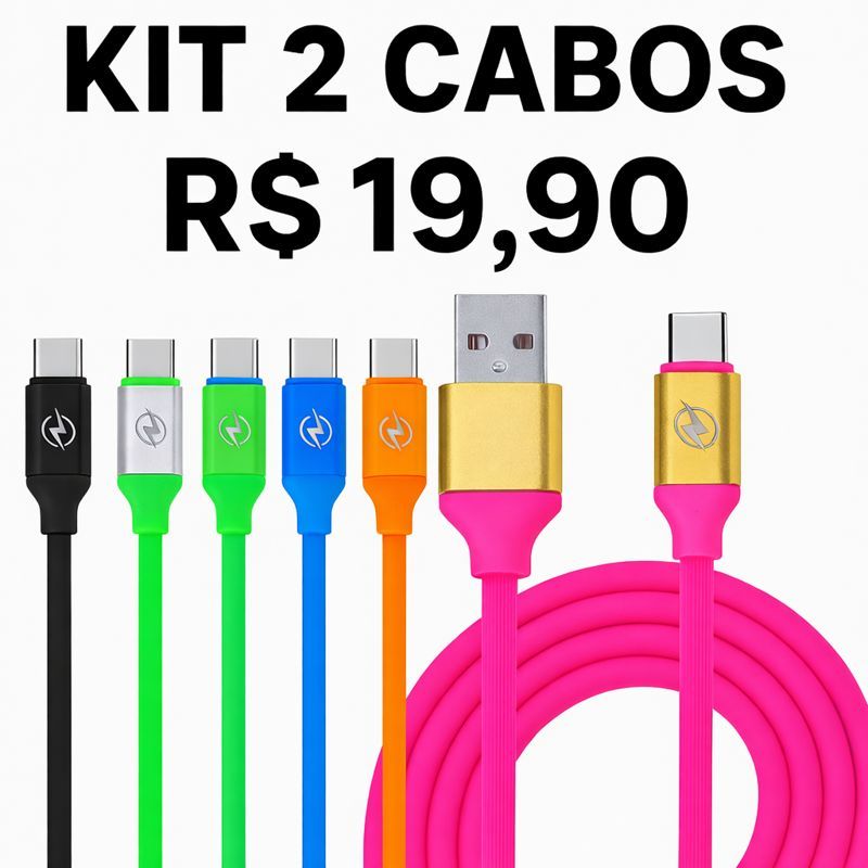 KIT 2 CABOS DE CARREGAMENTO TURBO USB/TIPO C - 1.2m TRANÇADO DE COBRE E EMBORRACHADO