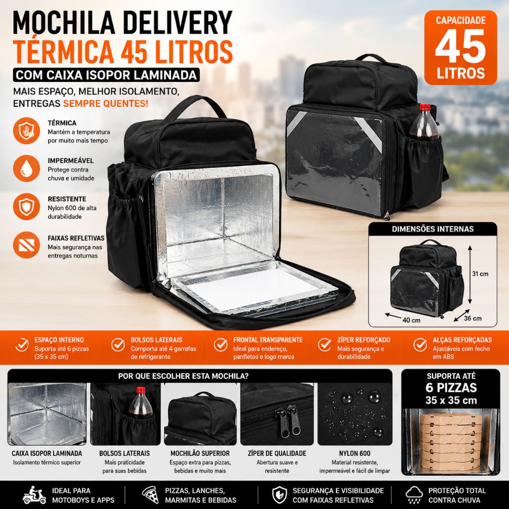Bag Mochila Bolsa Térmica Delivery 45L Motoboy Aplicativo com Isopor Laminado