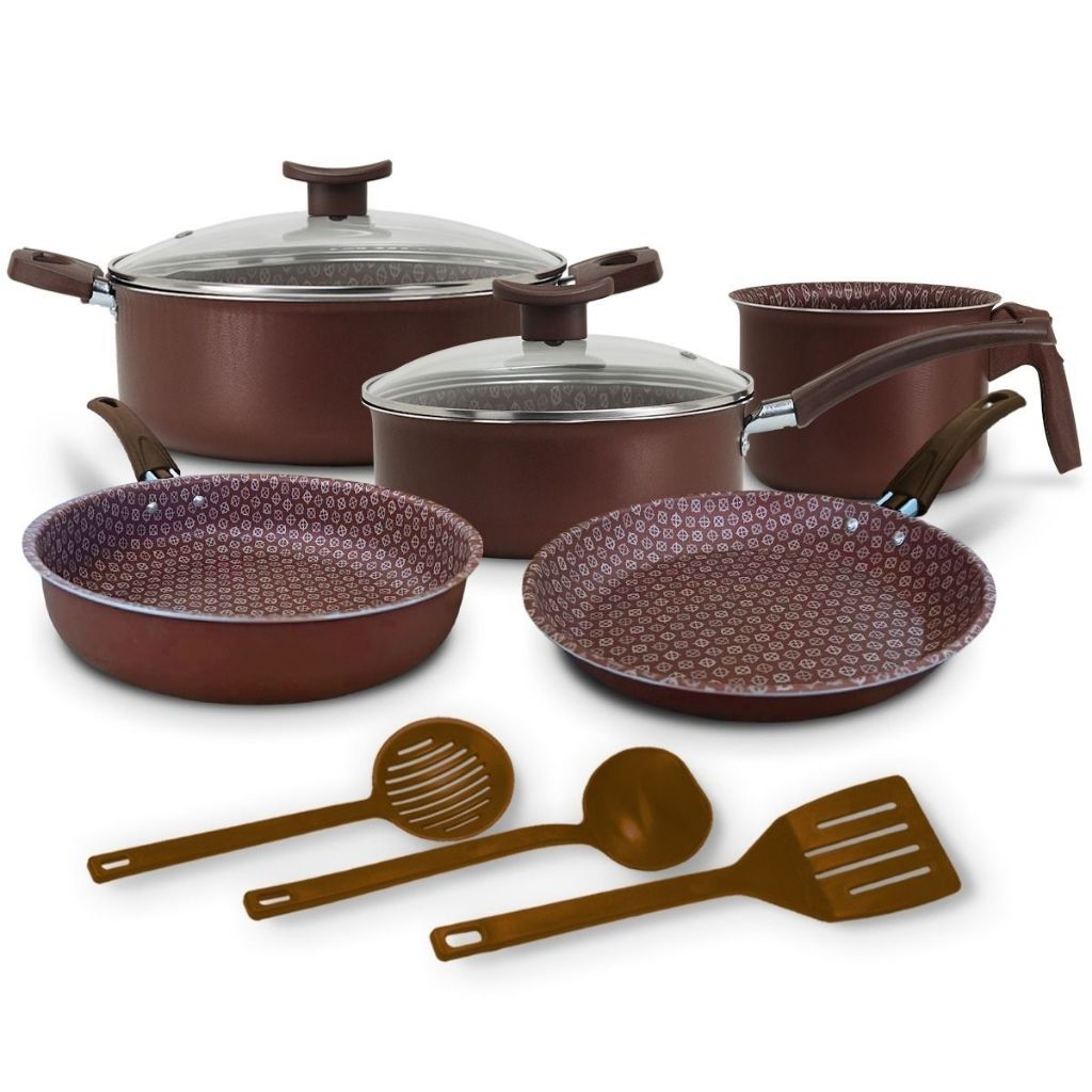 Conjunto de Panelas 8 Peças Grandes Marrom com Tampas de Vidro e Utensílios Aluminio Teflon 5 camadas Antiaderente