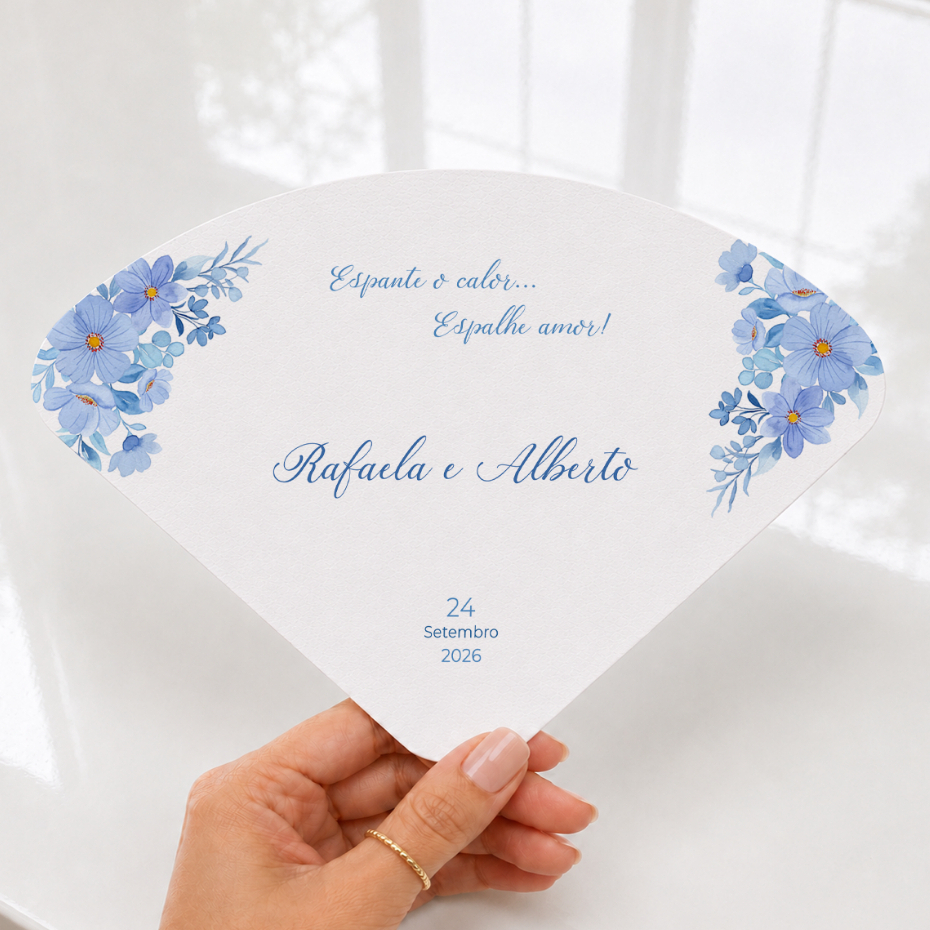 Ventarola Leque de Alegria para Casamento Personalizado com Nomes e Data Azul Tendência 2026