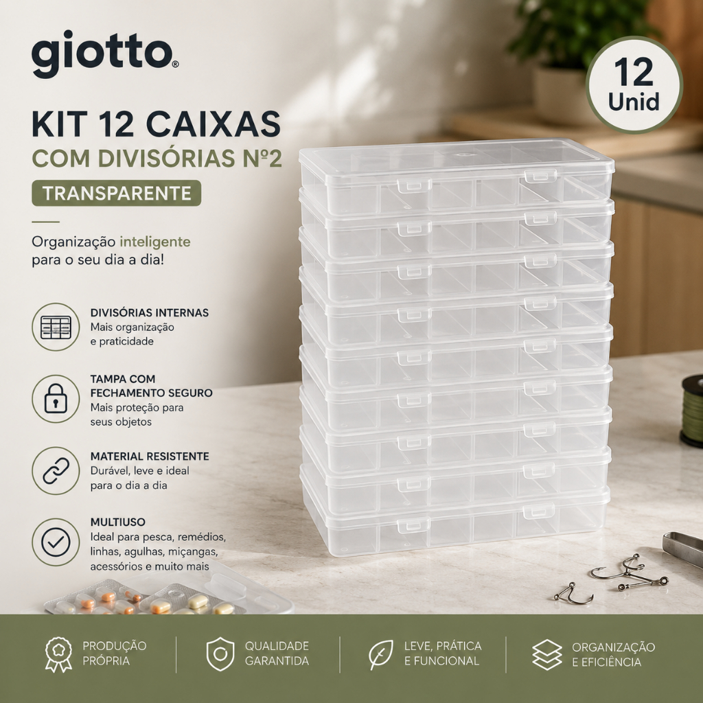 Kit 12 Caixa com Divisórias Nº2 Organizadores Acessórios Pesca Remédios Organizar Agulhas Giotto