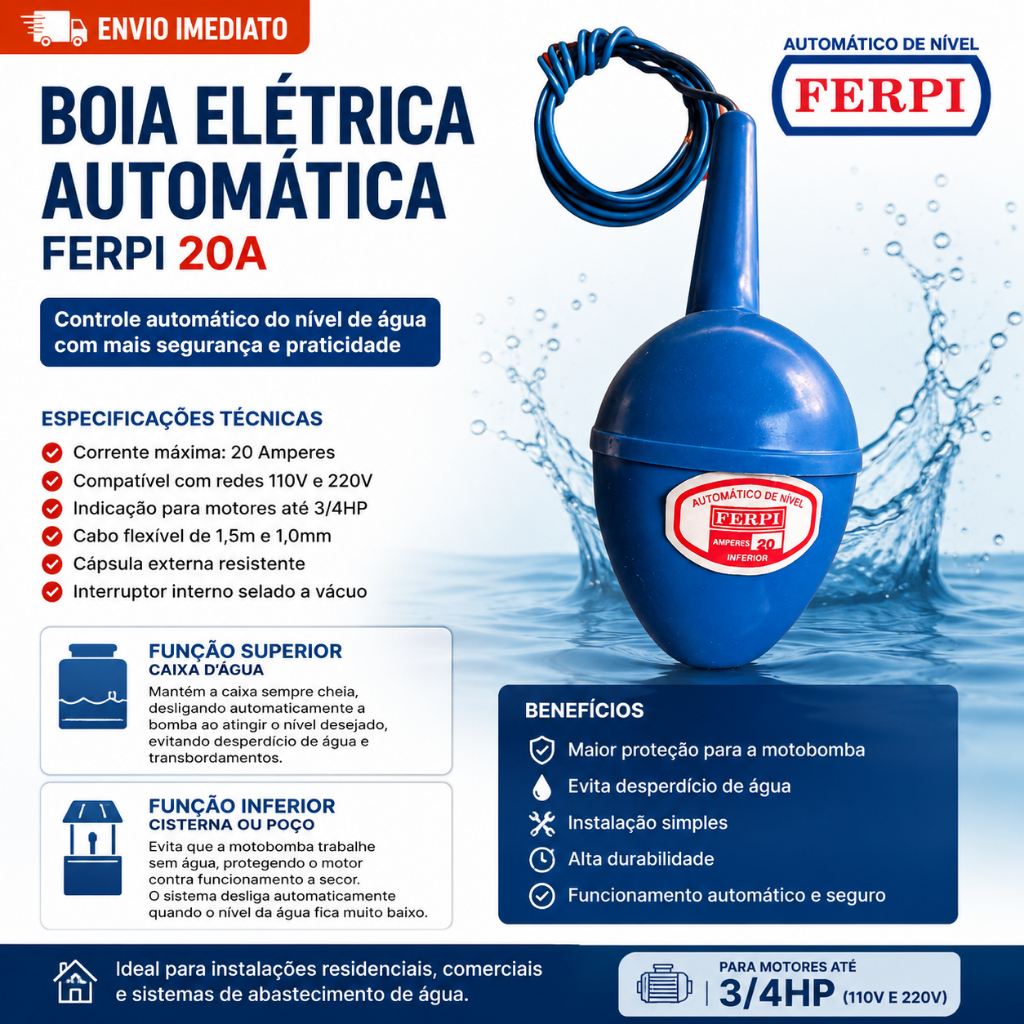 BOIA ELÉTRICA AUTOMÁTICA 20A FERPI – CAIXA D’ÁGUA / CISTERNA / POÇO BIVOLT
