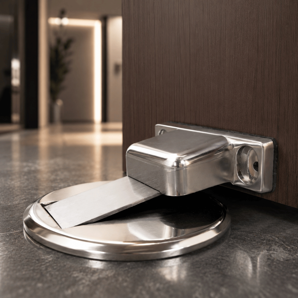 Prendedor Trava Fixador de Porta Magnético Slim Inox Cromado Adesivo