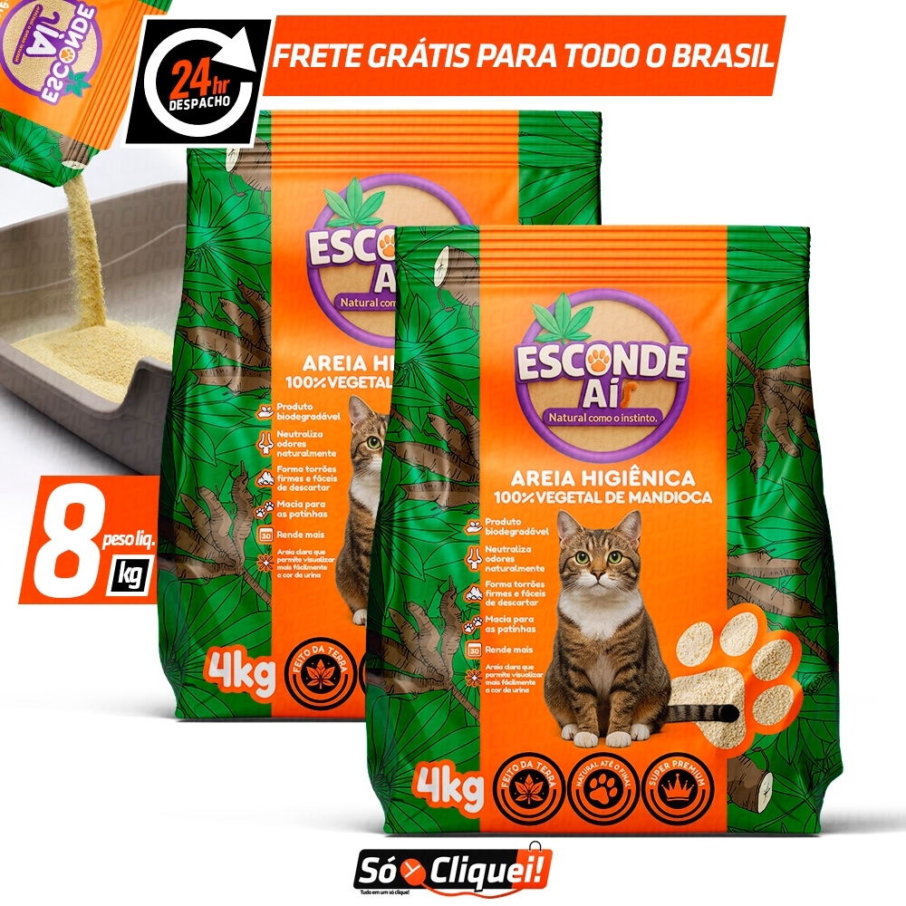 Kit 2 Pacotes Areia Sanitária de Mandioca Para Gato Esconde Aí Granulado Higiênico Biodegradável Evita Odores