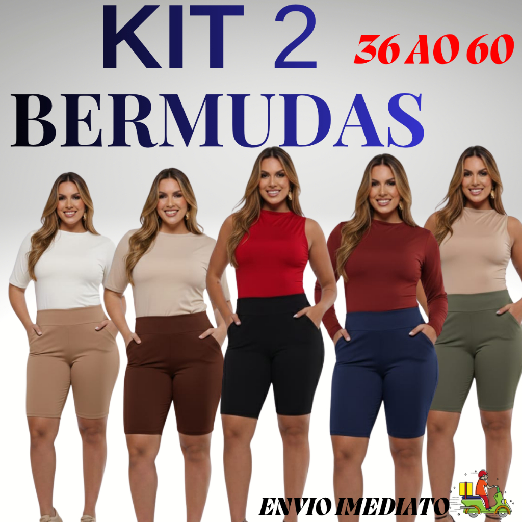 Kit 2 Bermudas Feminina Malha Short Longo Cintura Alta Com Bolso Dia a Dia Plus Size  Academia