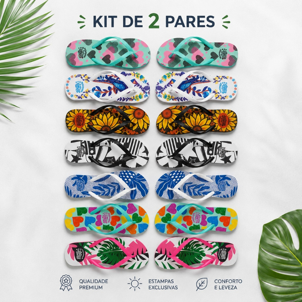 Kit 2 Pares de Chinelo Feminino Estampados Confortáveis Chinela Antiderrapantes Dia a Dia