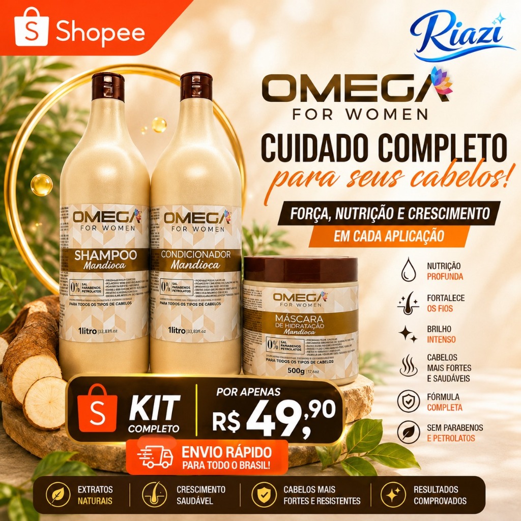 Kit Mandioca Omega Hair Shampoo, Condicionador e Mascara