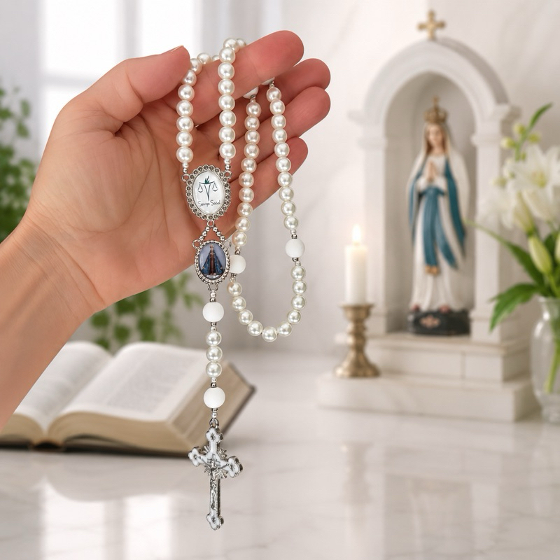 Terço formatura Serviço social em pérolas kit com caixa de presente e organza Terço profissão