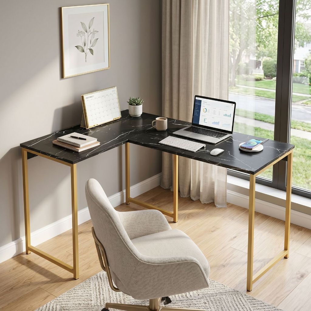 Mesa de Escritório em L  1,20 X75 Mármore Pés ferro Dourado Home Office 0,90 e 0,75 Estilo Industrial - Metalon Dourado