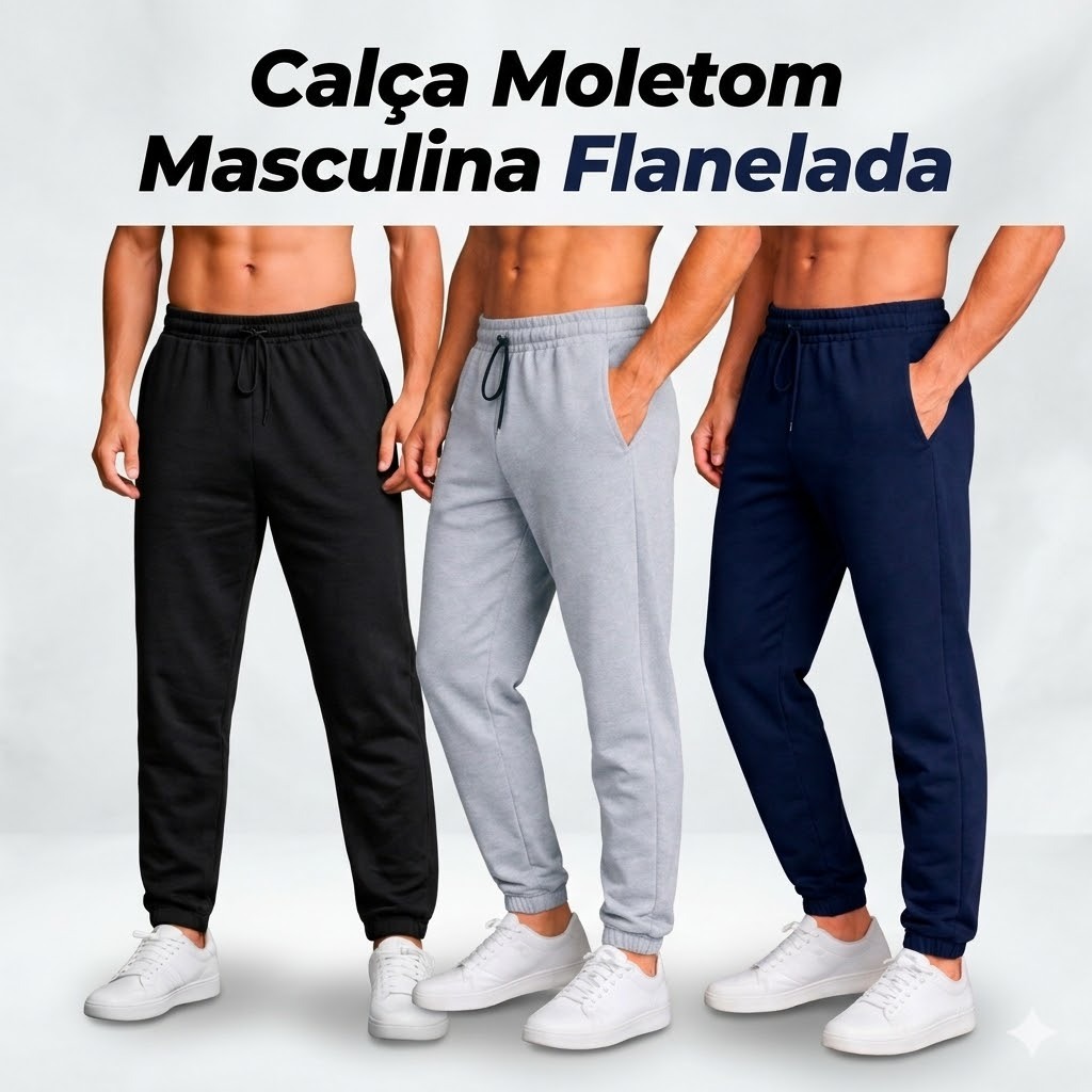 Calça Moletom Masculina Flanelada Inverno Quente Confortável com Bolso e Cordão Ajustável
