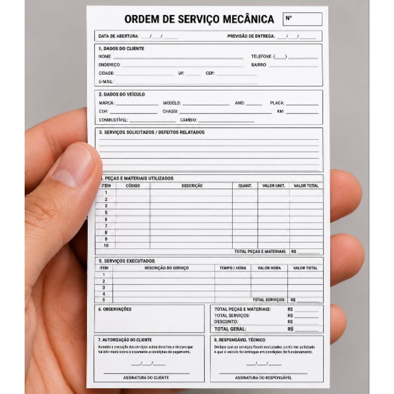 Bloco Ordem de Serviço Mecânica 10x14 cm Preto e Branco com 50 Folhas para Oficina Mecânica