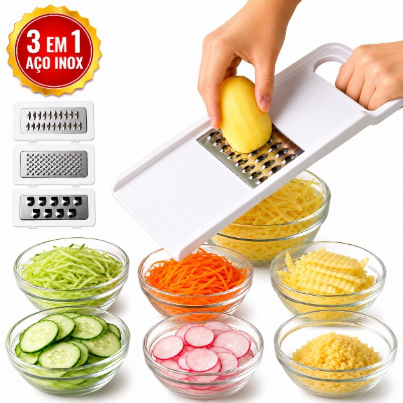 Ralador Fatiador Multifuncional 3 em 1 Inox Cortador de Legumes Mandoline Cozinha Manual