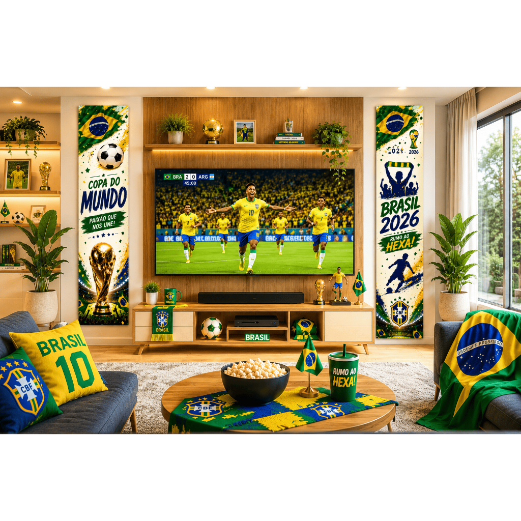 Kit 2 Faixas Premium Brasil Decoração Única Exclusiva Peças Painel Vertical Copa 2026 - Branco/Azul/Amarelo