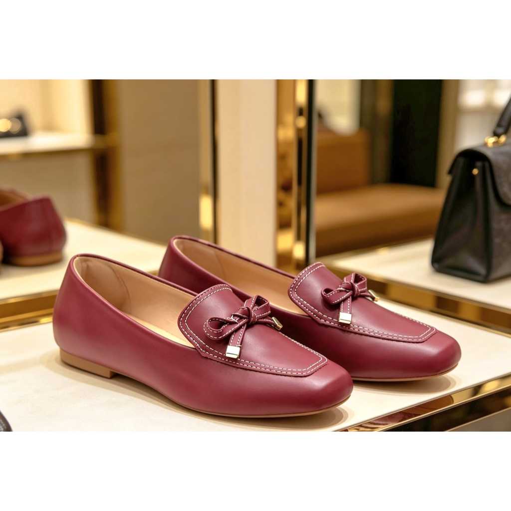 SAPATILHA FEMININA QUADRADA MOCASSIM FEMININO VERMELHO MARSALA COM DETALHE DE LACINHO