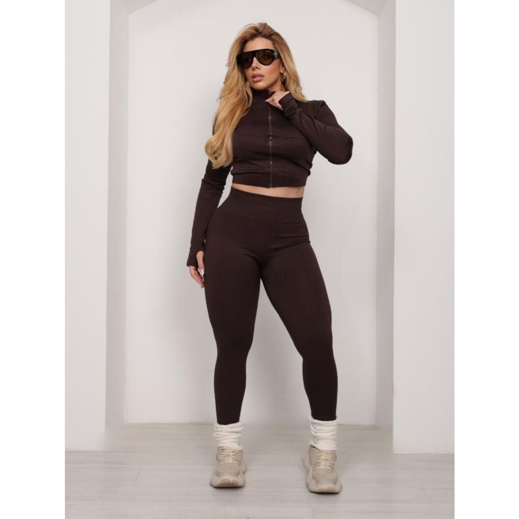 Conjunto Fitness Feminino Manga Longa Canelado Poliamida Premium com Dedeira Sem Costura Academia Cintura Alta