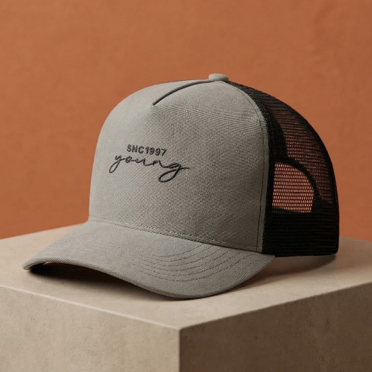 Boné Estilo Urbano Trucker Young Original Tela Respirável Cinza Urbano Aba Curva Ajustável Premium