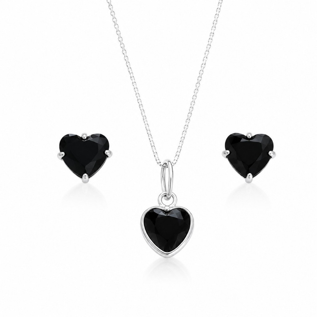 Conjunto Colar e Brincos Coração Preto em Prata 925 Presente Feminino