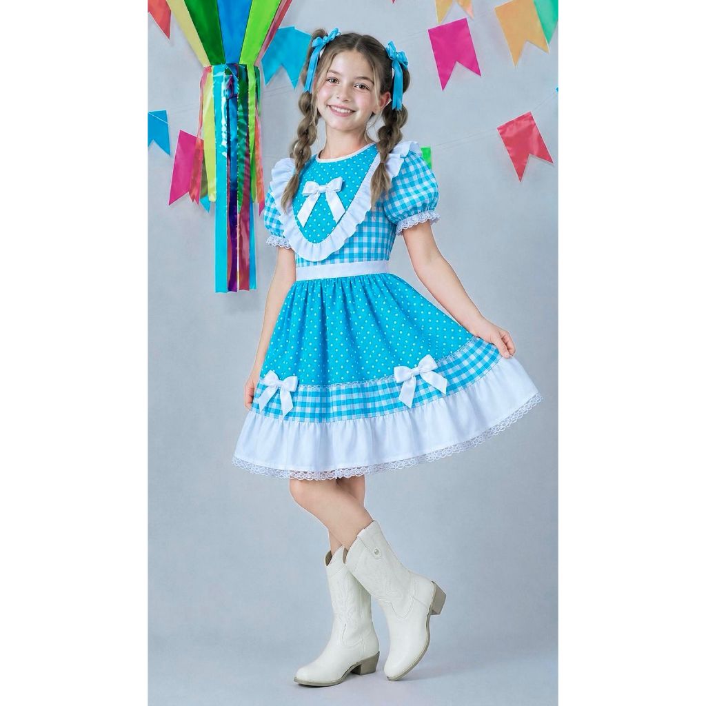 Vestido Junino Infantil Azul Turquesa Xadrez com Corações e Renda