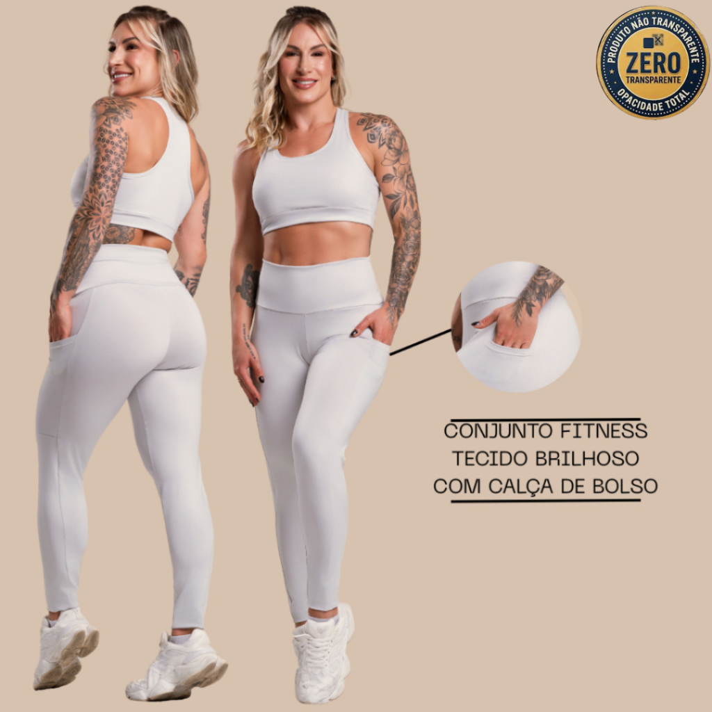 Conjunto Fitness Feminino Brilhoso Academia Top Nadador Liso e Calça Legging Bolso Cintura Alta ZERO TRANSPARÊNCIA