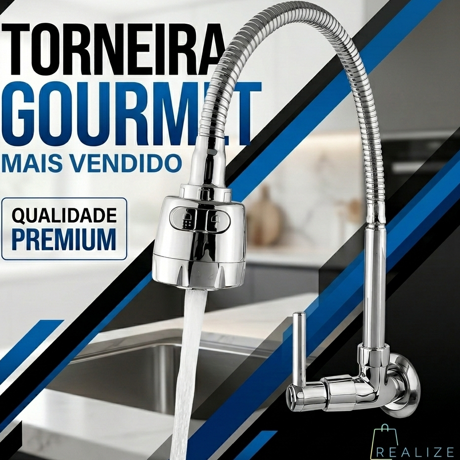 Torneira Gourmet Cozinha Parede Pia Toda 100% de Metal Inox Flexível 1/4 de volta Cód. 3065