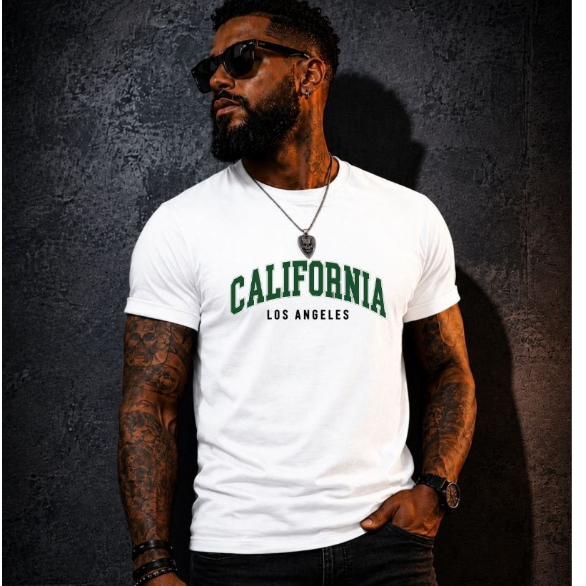 Camiseta Masculina California Los Angeles Estampada Casual Algodão Manga Curta Streetwear Eua