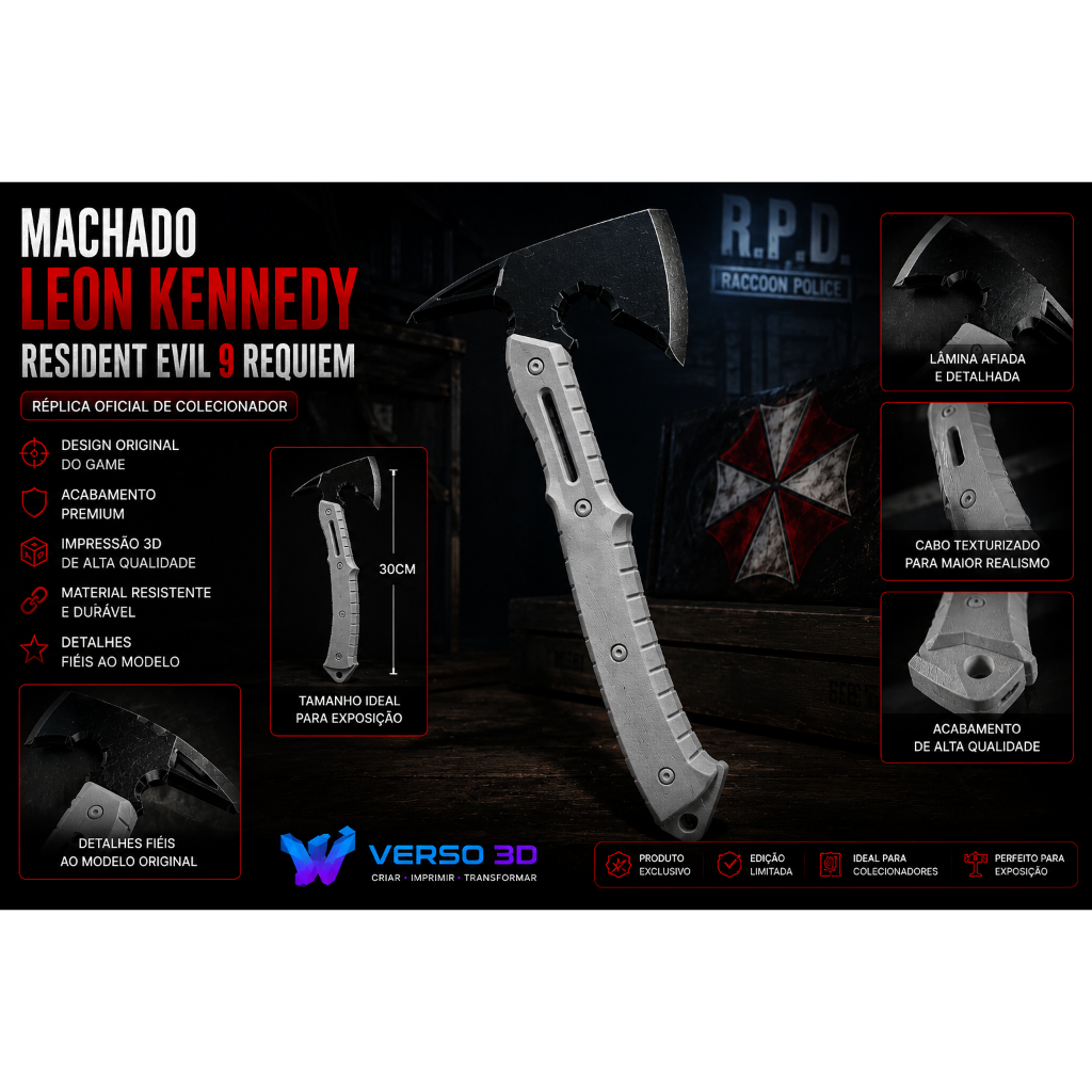 Machadinha Leon Kennedy Resident Evil 9 Requiem | Réplica Colecionador 30cm | Verso 3D