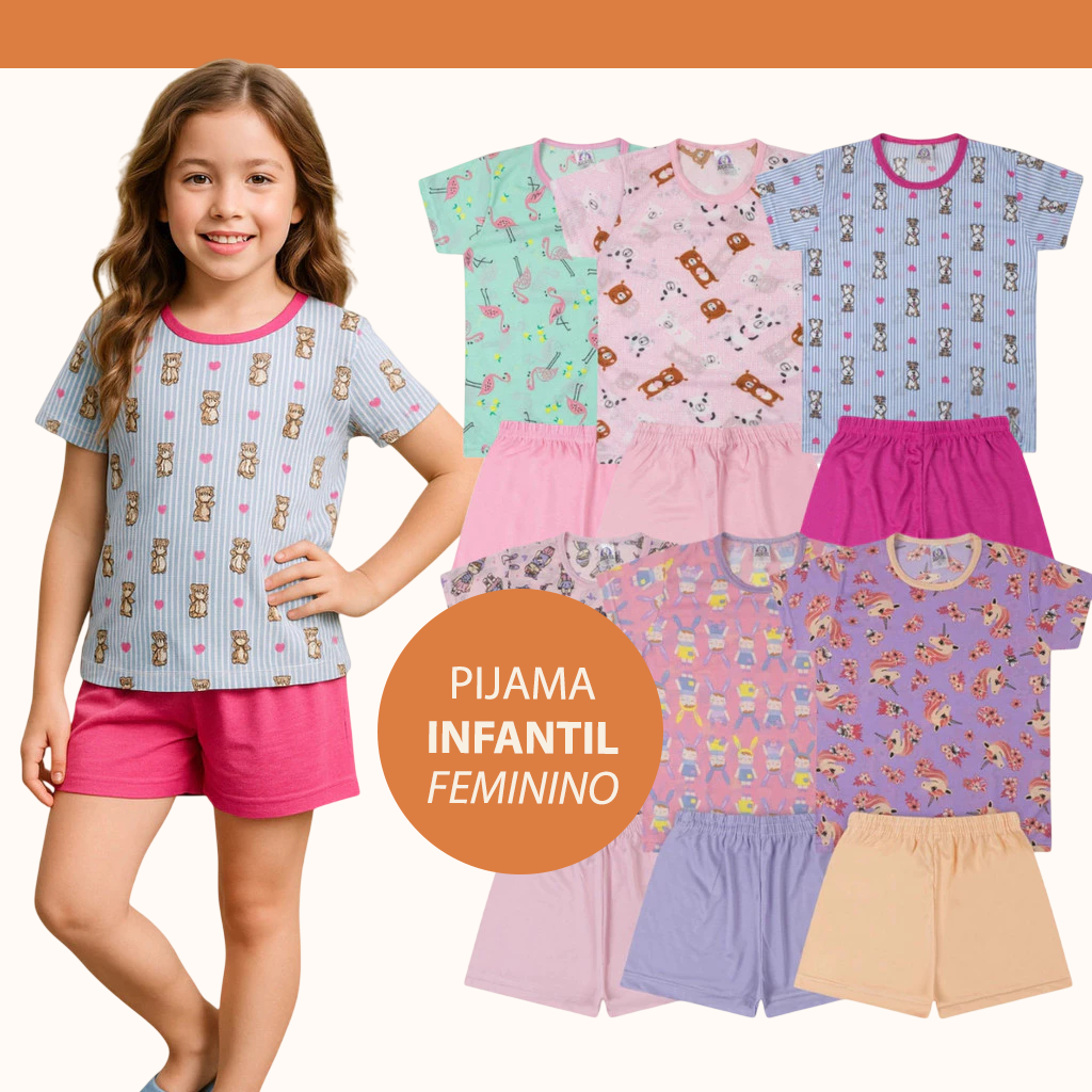 Pijama Infantil Menina Conjunto Camiseta e Short Confortável Leveza para o Verão