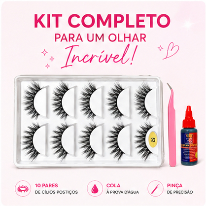 Cílios Postiços 10 Pares, Mais cola Kit Cílios de Boneca Volumosos Naturais e Curvados Cartela