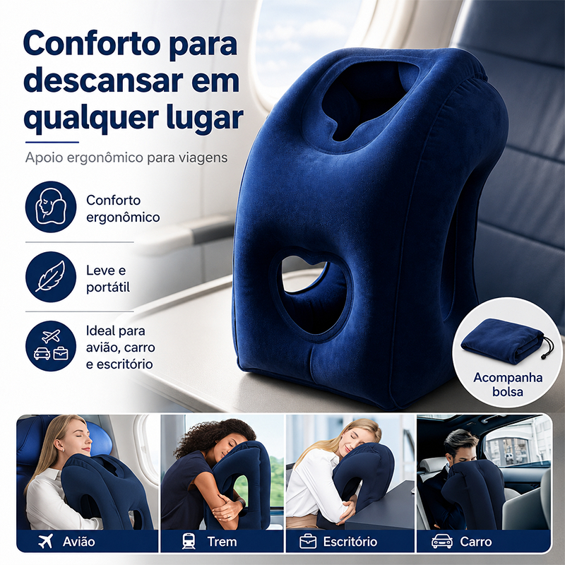 Almofada Inflável prático Travesseiro Viagem Avião Trem Inflável Confortável Descanso Dormir Suporte Cabeça Pescoço