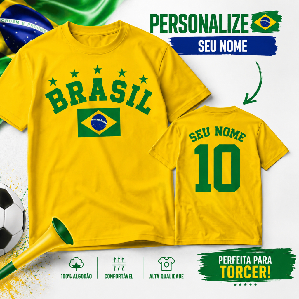 Camiseta Infantil do Brasil Personalizada para Criança Nome e Número nas Costas Look Torcida Seleção