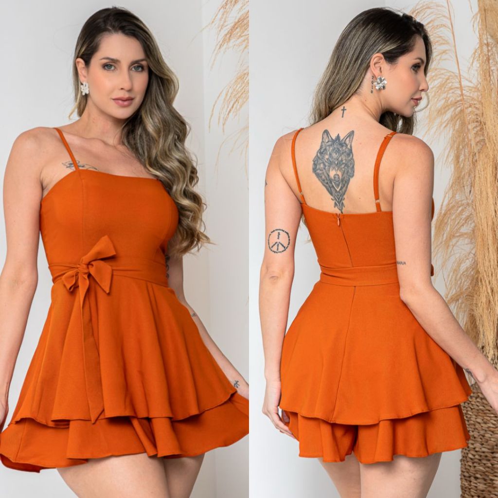 Macaquinho vestido bailarina soltinho Tecido Sarja Alça ajustável laço removível Moda Elegante