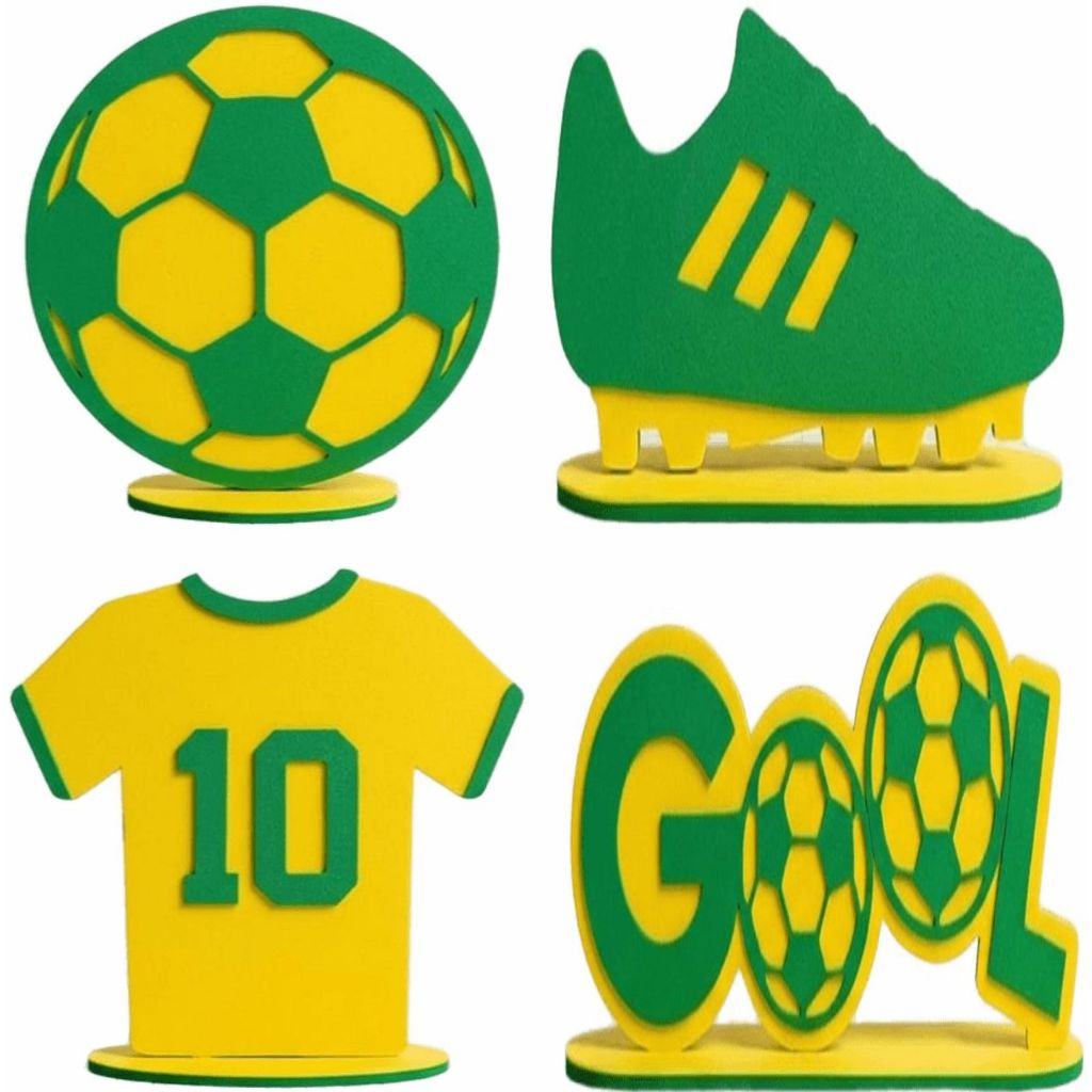 Kit Displays de Mesa Mdf Decoração - Festa - Futebol Camisa 10 Brasil Bola Gol Chuteira Copa do Mundo  (4 Peças 20cm)