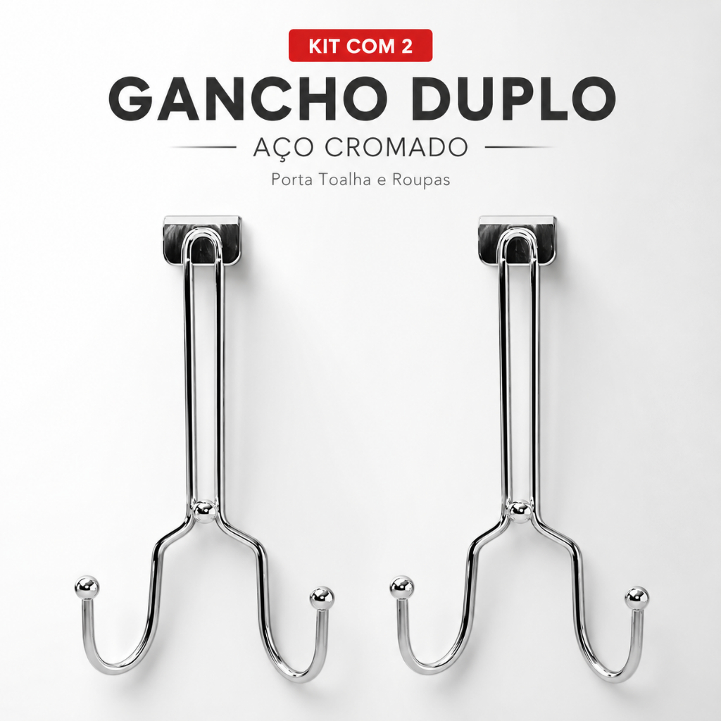 Kit 2 Gancho Duplo Para Porta Aço Cromado Cabideiro Multiuso Porta Toalha Roupas Bolsa Sem Furo