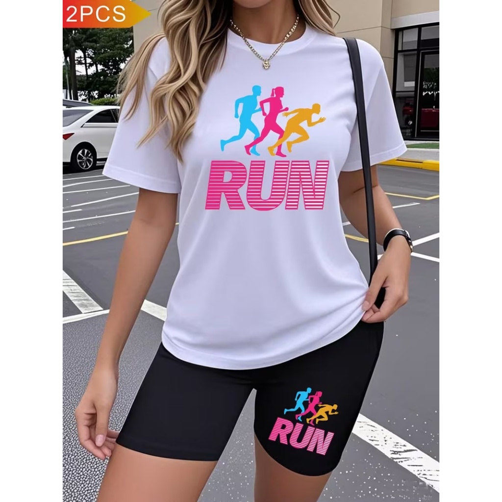 Conjunto Feminino Academia Camiseta+Bermuda Legging Estampa Run Corrida Treino Fitness Confortável