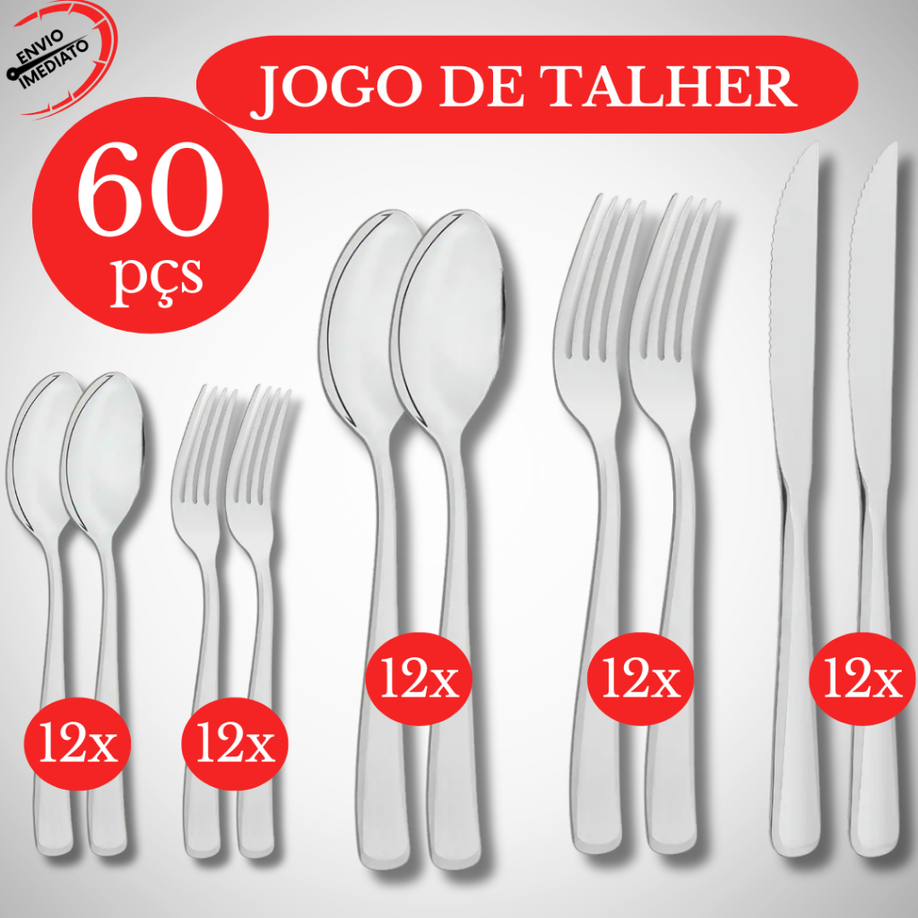 Kit 120 / 60  Peças Enxoval Completo Jogo Talher Cozinha Garfo Faca Colher Casa Restaurante Pizzaria
